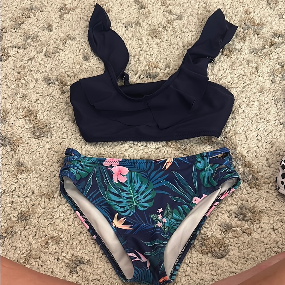 Navy and Tropical Print Bikini Set